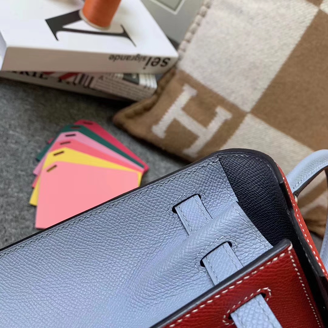 Hermès（爱马仕）Q5中国红拼J7亚麻蓝 原厂御用顶级Epsom 皮 Kelly 25 外缝 银扣