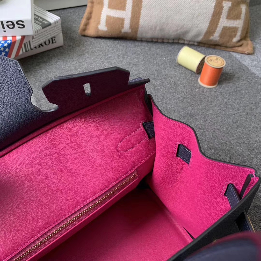 Hermès（爱马仕）Birkin铂金包 午夜蓝内拼L3玫瑰紫 原厂御用顶级小牛皮 金扣 30cm 现货