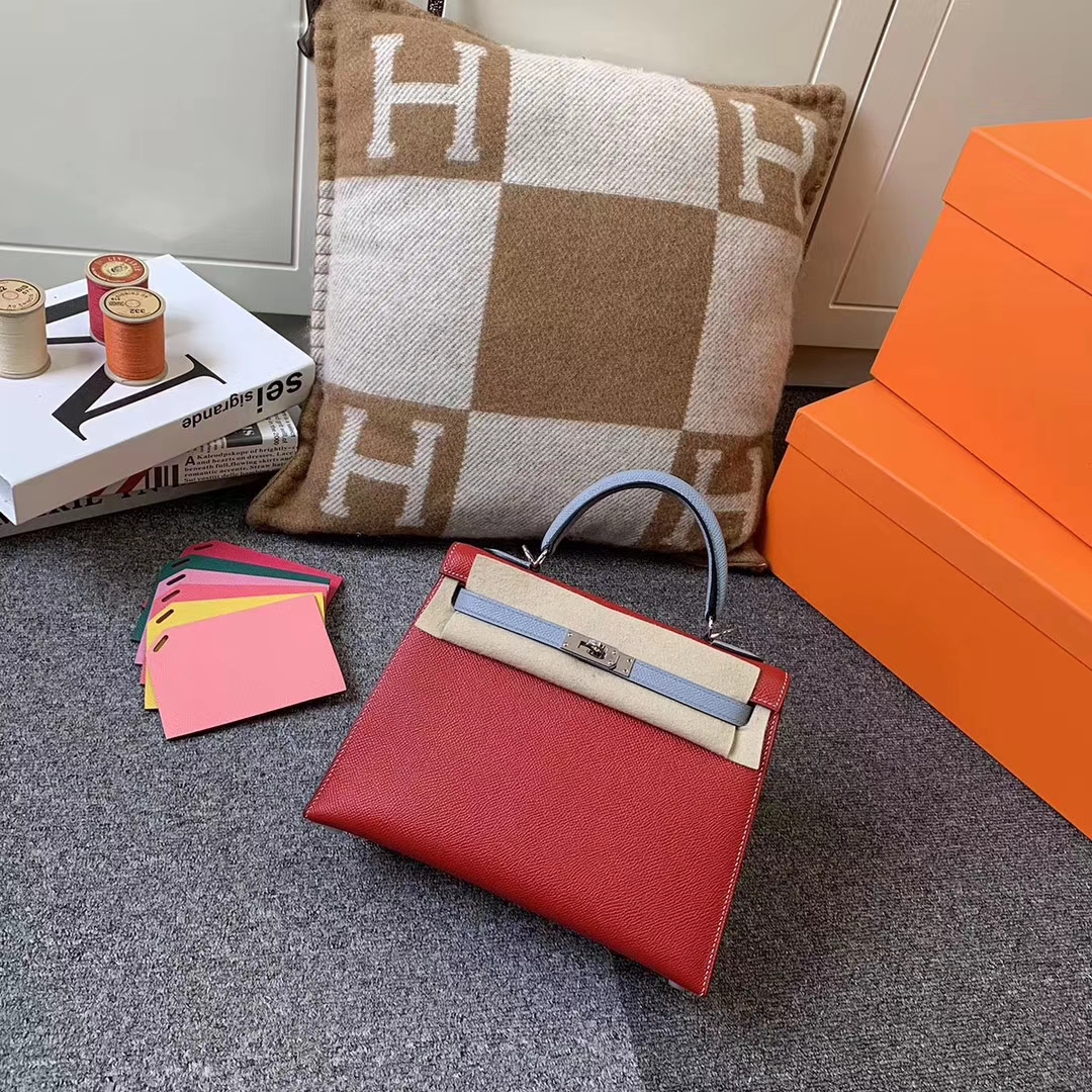 Hermès（爱马仕）Q5中国红拼J7亚麻蓝 原厂御用顶级Epsom 皮 Kelly 25 外缝 银扣