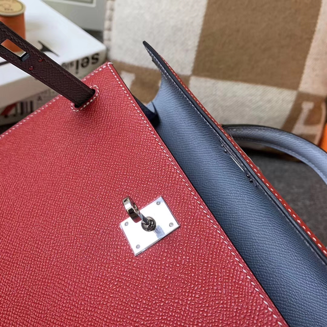 Hermès（爱马仕）Q5中国红拼J7亚麻蓝 原厂御用顶级Epsom 皮 Kelly 25 外缝 银扣