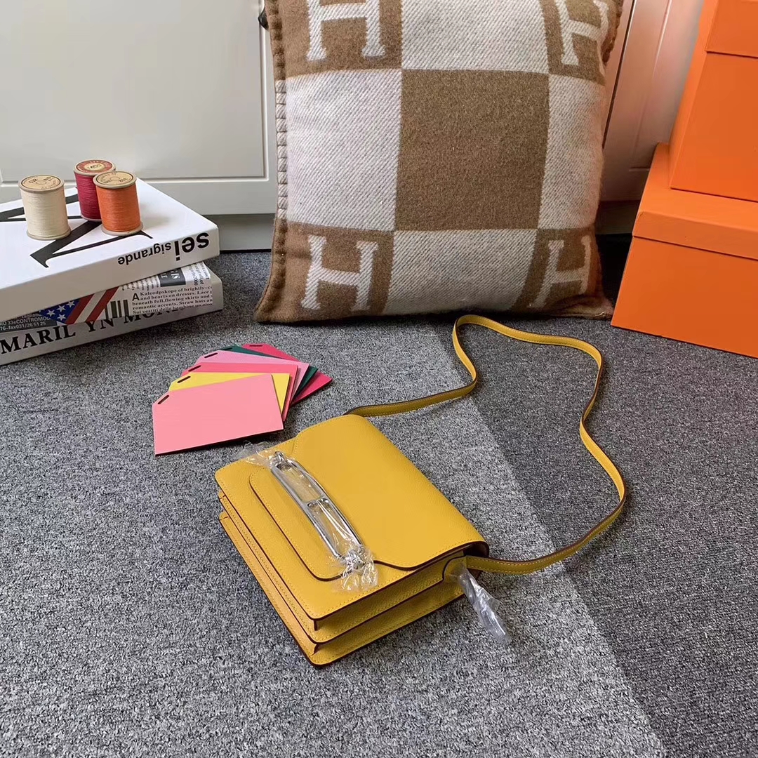 Hermès（爱马仕）Roulis猪鼻包 9D琥珀黄 原厂御用顶级ever color 皮 银扣 19cm 现货