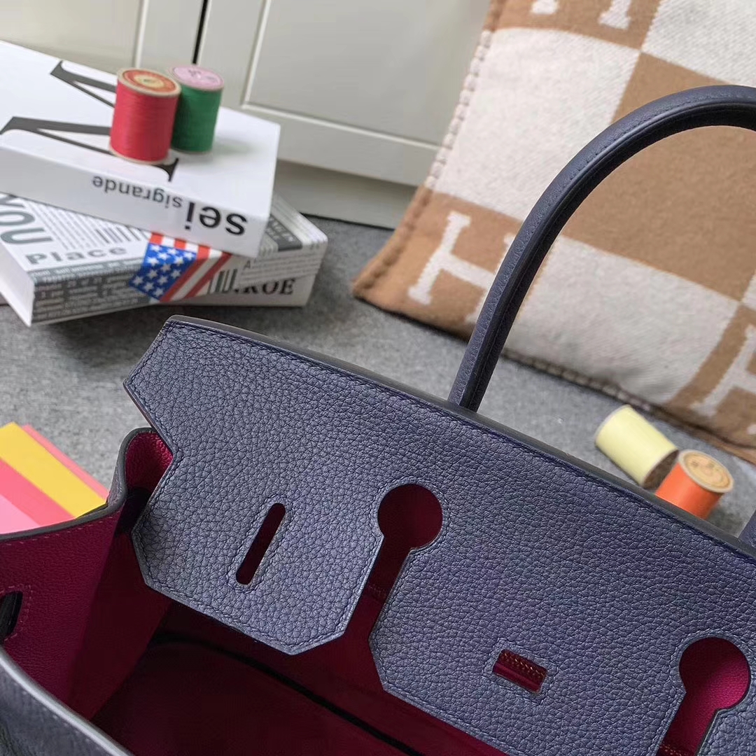 Hermès（爱马仕）Birkin铂金包 午夜蓝内拼L3玫瑰紫 原厂御用顶级小牛皮 金扣 30cm 现货