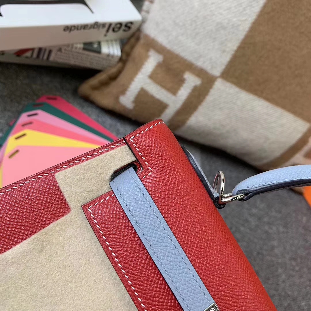 Hermès（爱马仕）Q5中国红拼J7亚麻蓝 原厂御用顶级Epsom 皮 Kelly 25 外缝 银扣