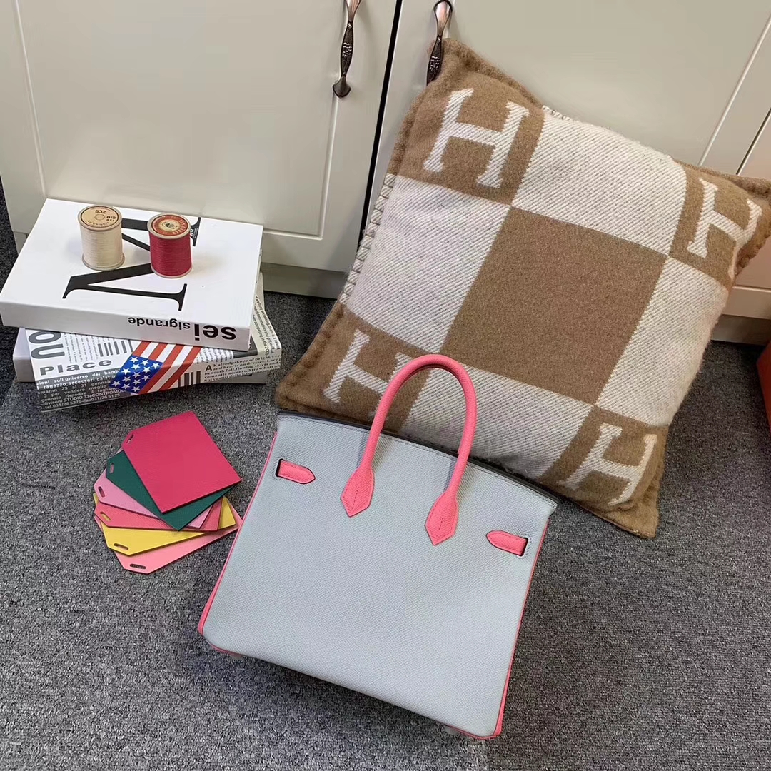 Hermès（爱马仕）8U冰川蓝拼8W新唇膏粉 原厂御用顶级Epsom 皮 Birkin 25 银扣