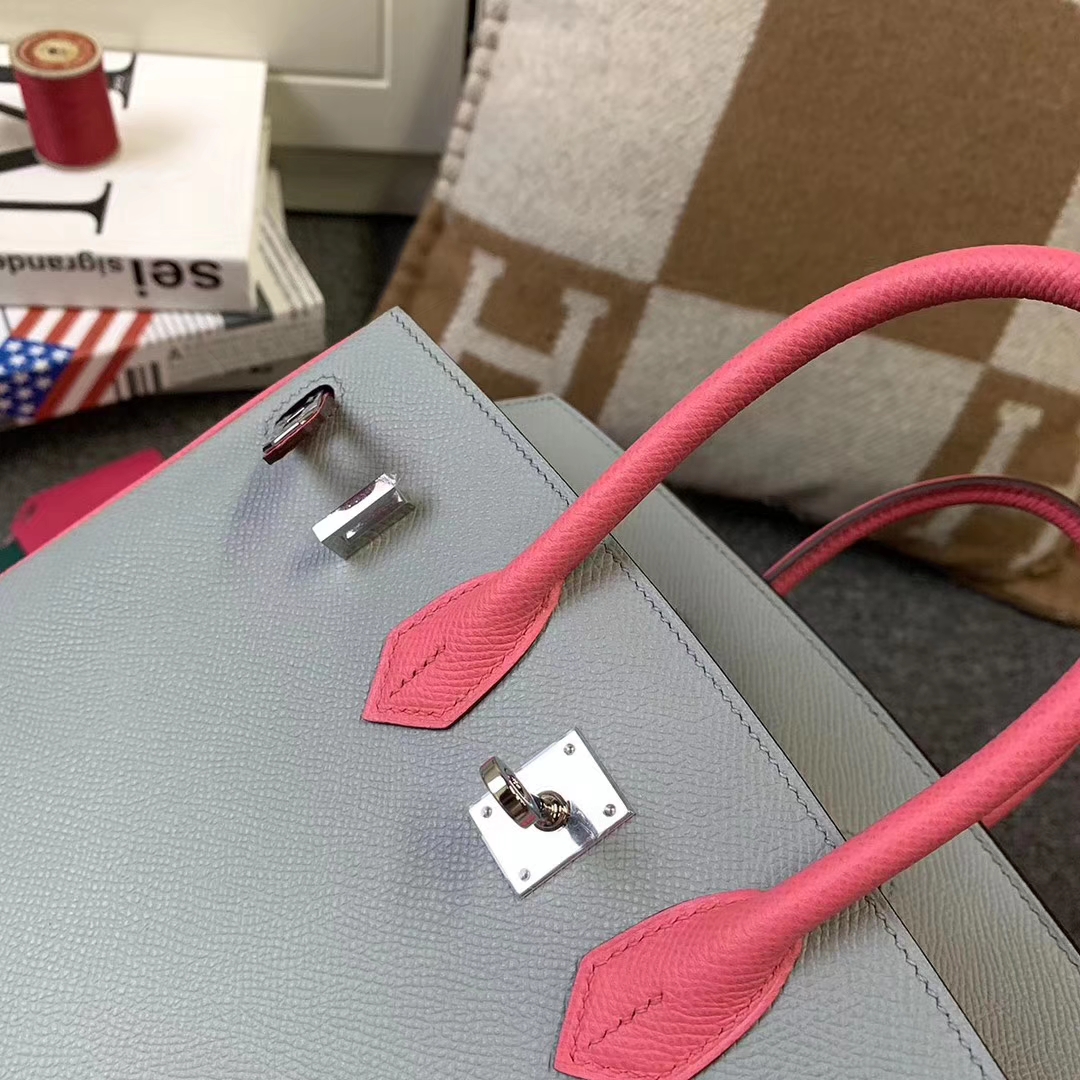 Hermès（爱马仕）8U冰川蓝拼8W新唇膏粉 原厂御用顶级Epsom 皮 Birkin 25 银扣