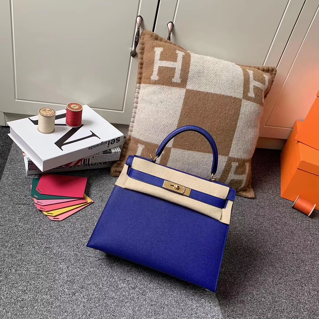 Hermès（爱马仕）电光蓝 原厂御用顶级Epsom 皮 Kelly 28 外缝 金扣