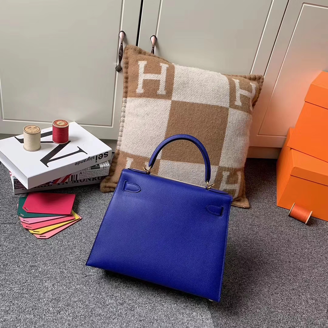 Hermès（爱马仕）电光蓝 原厂御用顶级Epsom 皮 Kelly 28 外缝 金扣