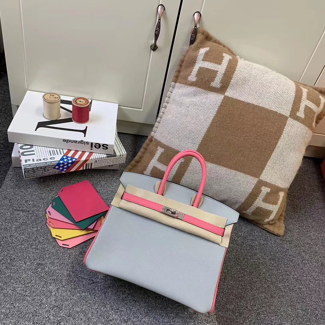 Hermès（爱马仕）8U冰川蓝拼8W新唇膏粉 原厂御用顶级Epsom 皮 Birkin 25 银扣