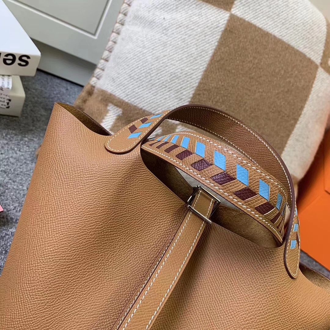 Hermès（爱马仕）Picotin Lock 菜篮包 金棕色 手腕编织 原厂御用顶级Epsom 皮 银扣 18cm