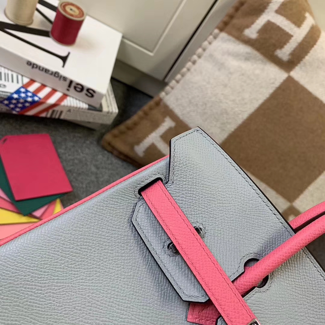 Hermès（爱马仕）8U冰川蓝拼8W新唇膏粉 原厂御用顶级Epsom 皮 Birkin 25 银扣