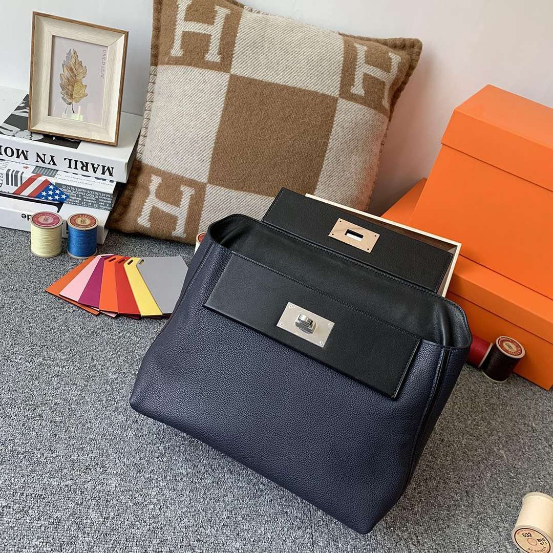 Hermès（爱马仕）午夜蓝拼黑色 原厂御用顶级TC皮拼Swift 皮 2424 银扣 现货