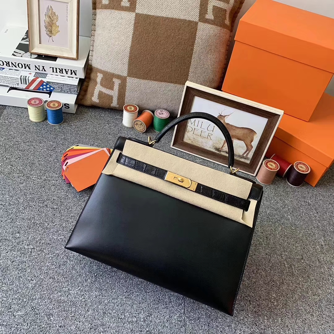 Hermès（爱马仕）CK89 黑色 原厂御用顶级Box 皮拼鳄鱼皮 Kelly 32 外缝 金扣