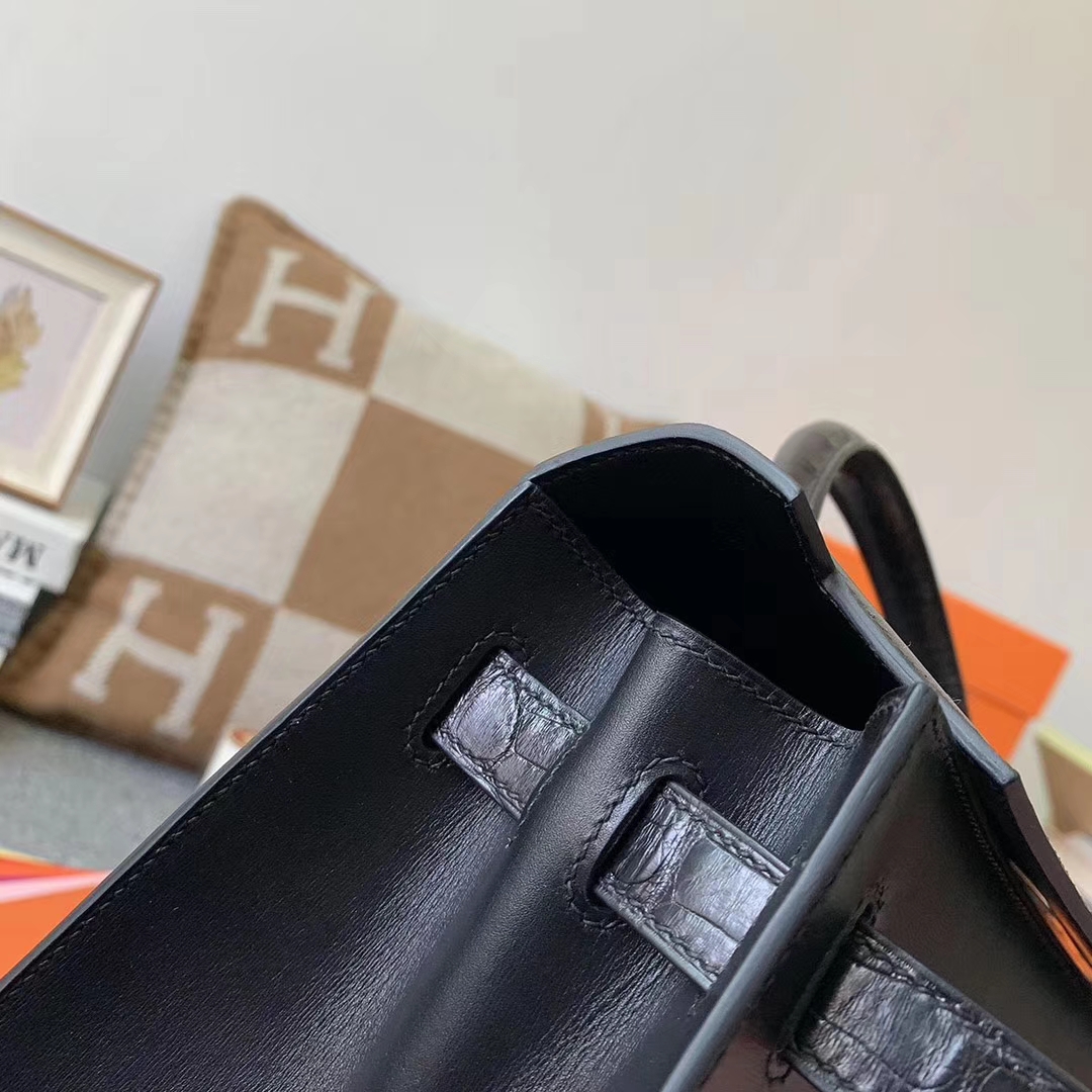 Hermès（爱马仕）CK89 黑色 原厂御用顶级Box 皮拼鳄鱼皮 Kelly 32 外缝 金扣
