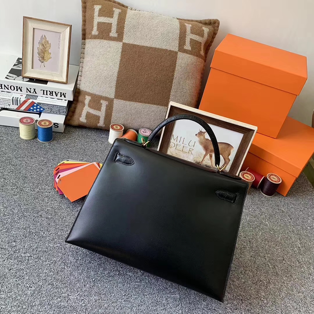 Hermès（爱马仕）CK89 黑色 原厂御用顶级Box 皮拼鳄鱼皮 Kelly 32 外缝 金扣