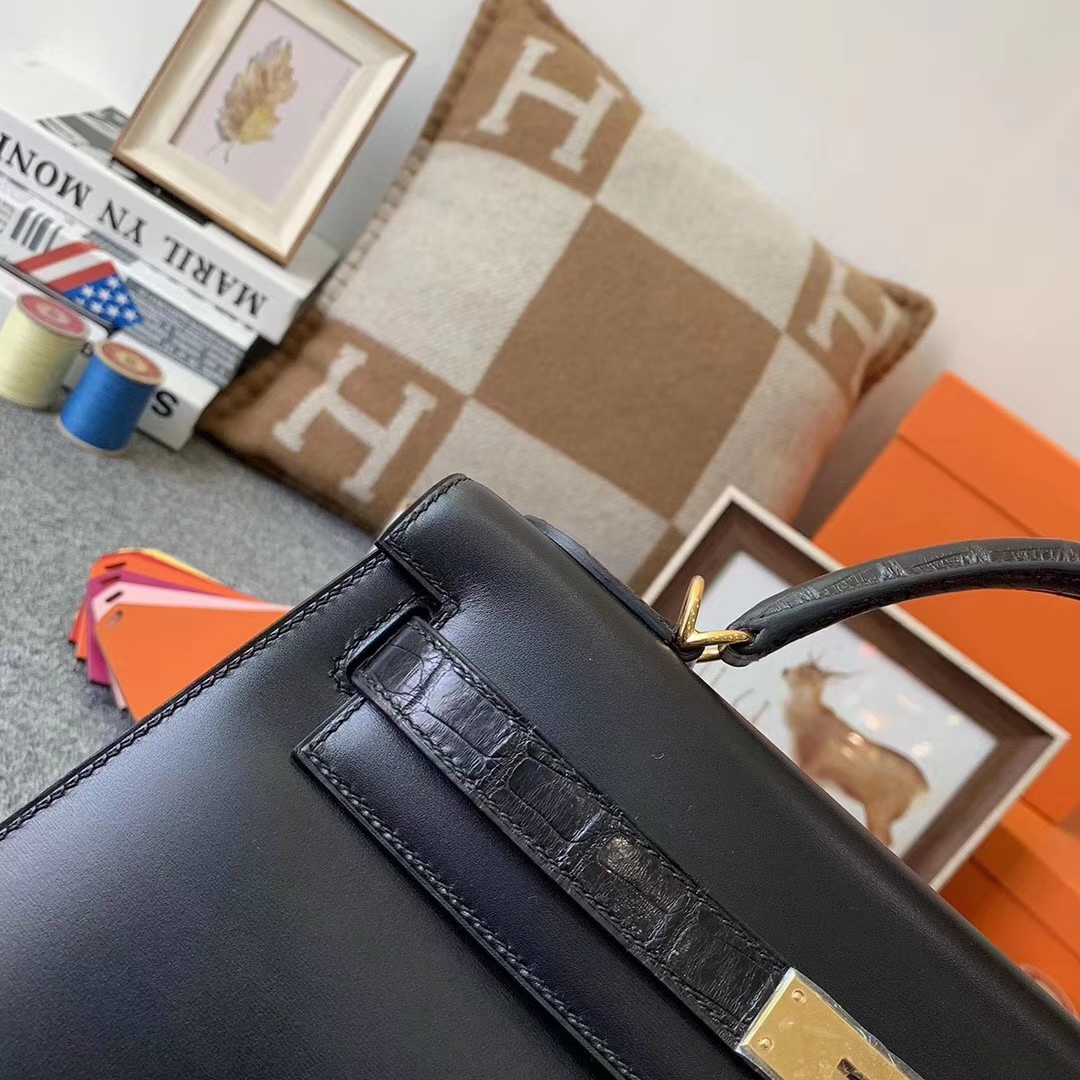 Hermès（爱马仕）CK89 黑色 原厂御用顶级Box 皮拼鳄鱼皮 Kelly 32 外缝 金扣