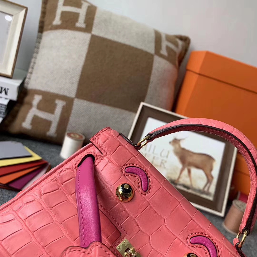 Hermès（爱马仕）3Q新樱花粉拼咖啡 原厂御用顶级鳄鱼皮 Kelly doll 银扣 现货
