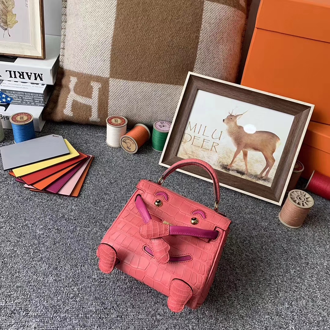 Hermès（爱马仕）3Q新樱花粉拼咖啡 原厂御用顶级鳄鱼皮 Kelly doll 银扣 现货