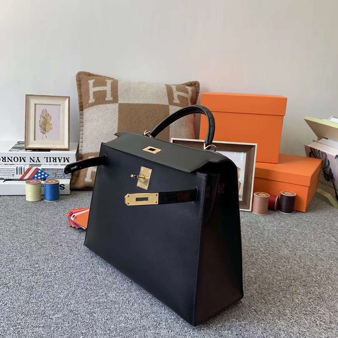 Hermès（爱马仕）CK89 黑色 原厂御用顶级Box 皮拼鳄鱼皮 Kelly 32 外缝 金扣