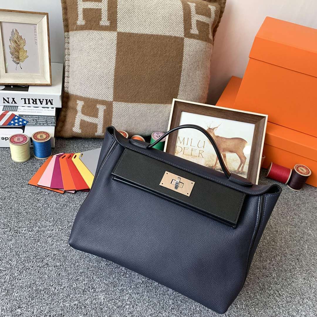 Hermès（爱马仕）午夜蓝拼黑色 原厂御用顶级TC皮拼Swift 皮 2424 银扣 现货