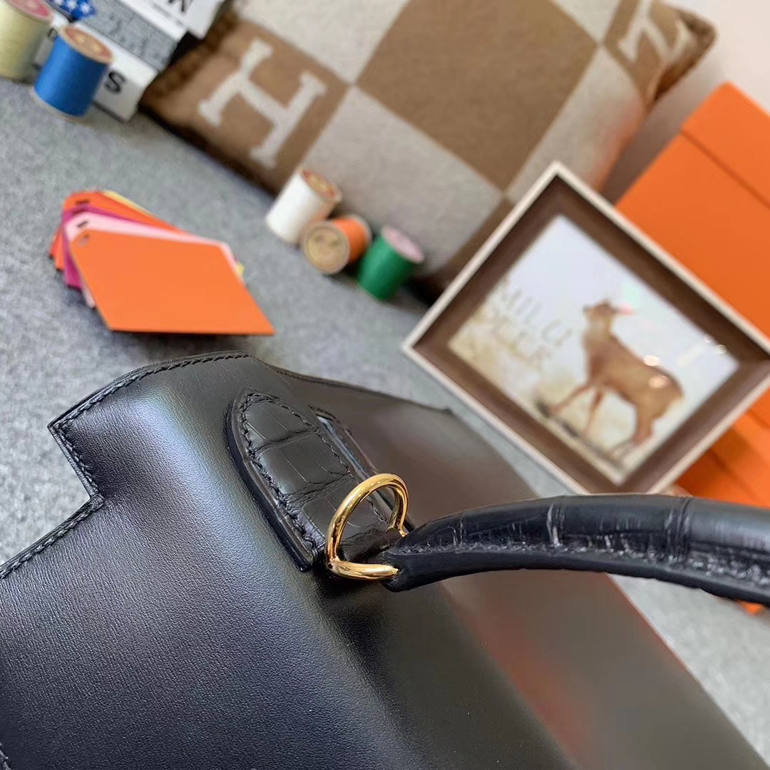 Hermès（爱马仕）CK89 黑色 原厂御用顶级Box 皮拼鳄鱼皮 Kelly 32 外缝 金扣