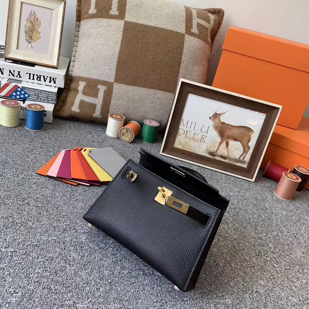 Hermès（爱马仕）89黑色  原厂御用顶级山羊皮 Mini Kelly 二代 金扣