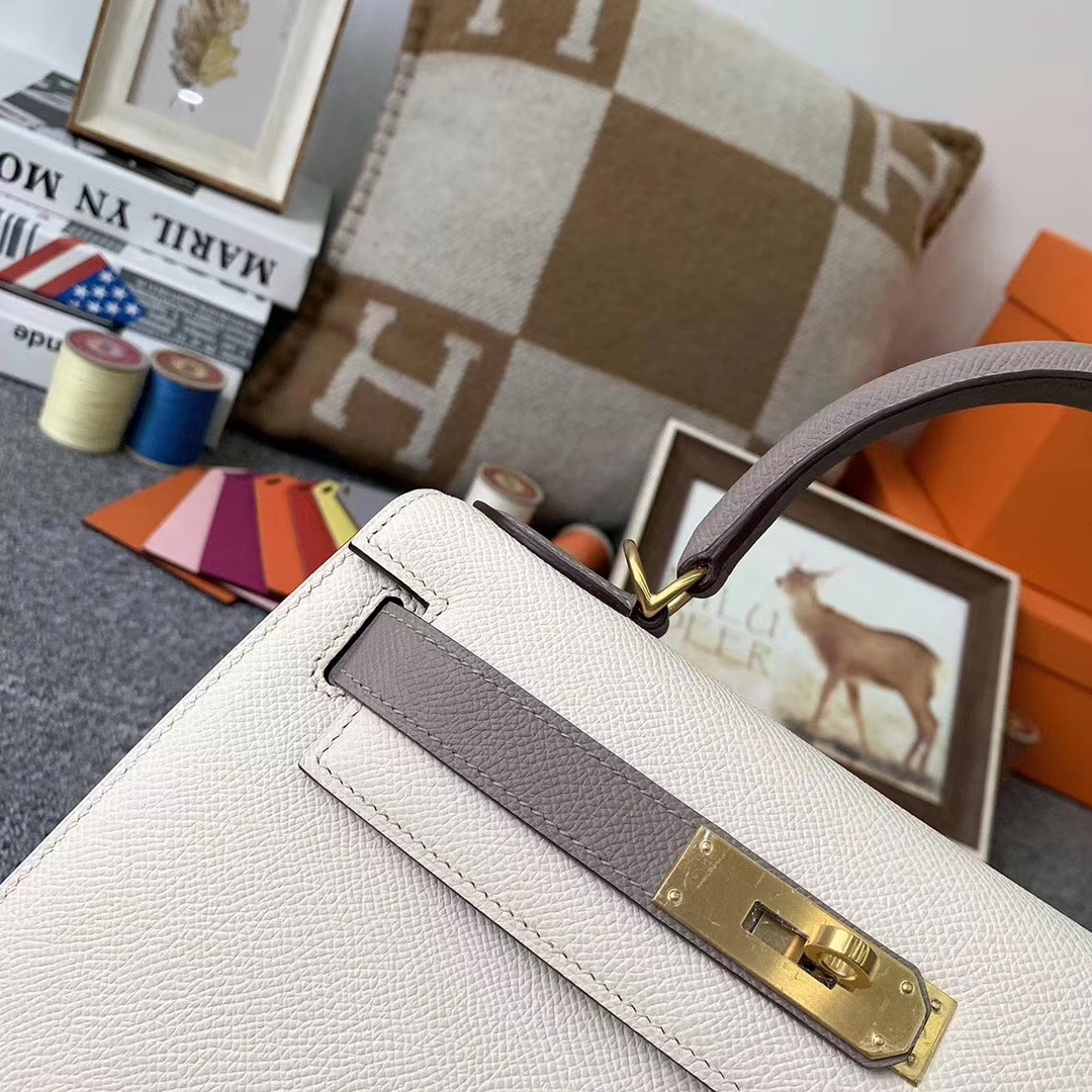 Hermès（爱马仕）奶昔白拼沥青灰 原厂御用顶级Epsom 皮 Kelly 28 外缝 拉丝金扣
