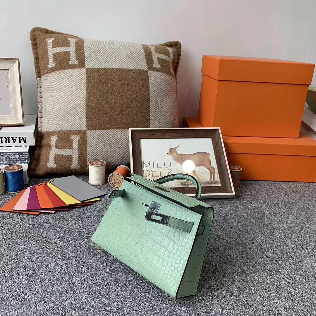 Hermès（爱马仕）6U薄荷绿 原厂御用顶级鳄鱼皮 Mini Kelly 二代 银扣