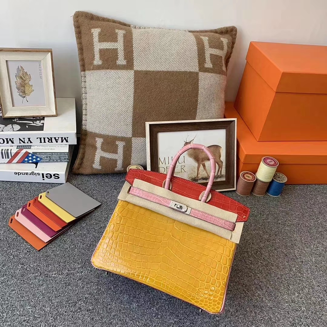 Hermès（爱马仕）三拼色亮面鳄鱼皮 Birkin 25 银扣