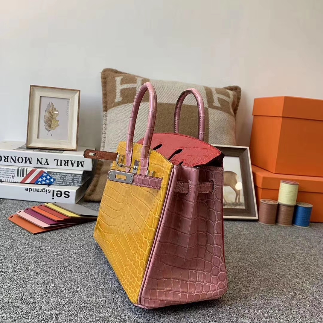 Hermès（爱马仕）三拼色亮面鳄鱼皮 Birkin 25 银扣
