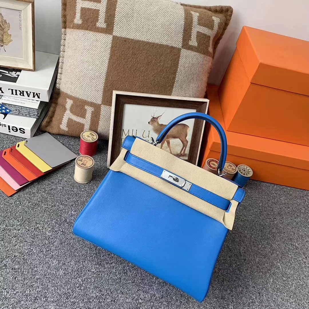 Hermès（爱马仕）水妖蓝 原厂御用顶级Swift 皮 Kelly 28 内缝 银扣