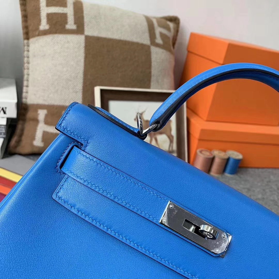 Hermès（爱马仕）水妖蓝 原厂御用顶级Swift 皮 Kelly 28 内缝 银扣