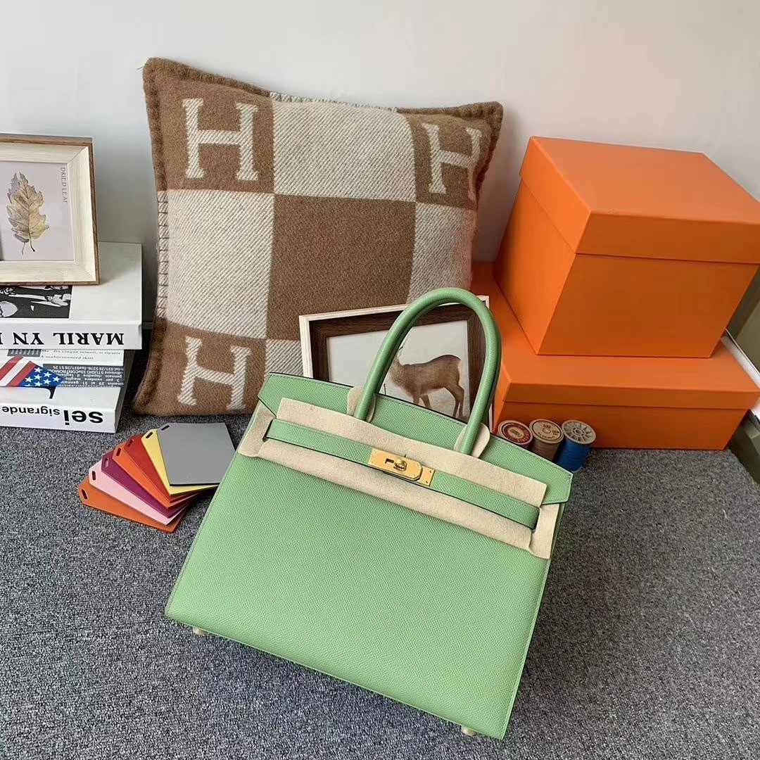 Hermès（爱马仕）I3牛‮果油‬绿 原厂‮用御‬顶级Epsom 皮 Birkin 30 外缝 金扣