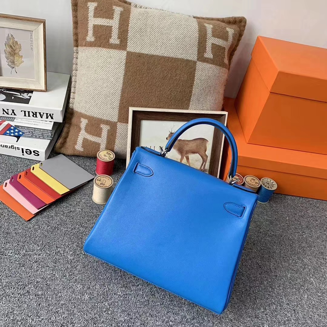 Hermès（爱马仕）水妖蓝 原厂御用顶级Swift 皮 Kelly 28 内缝 银扣