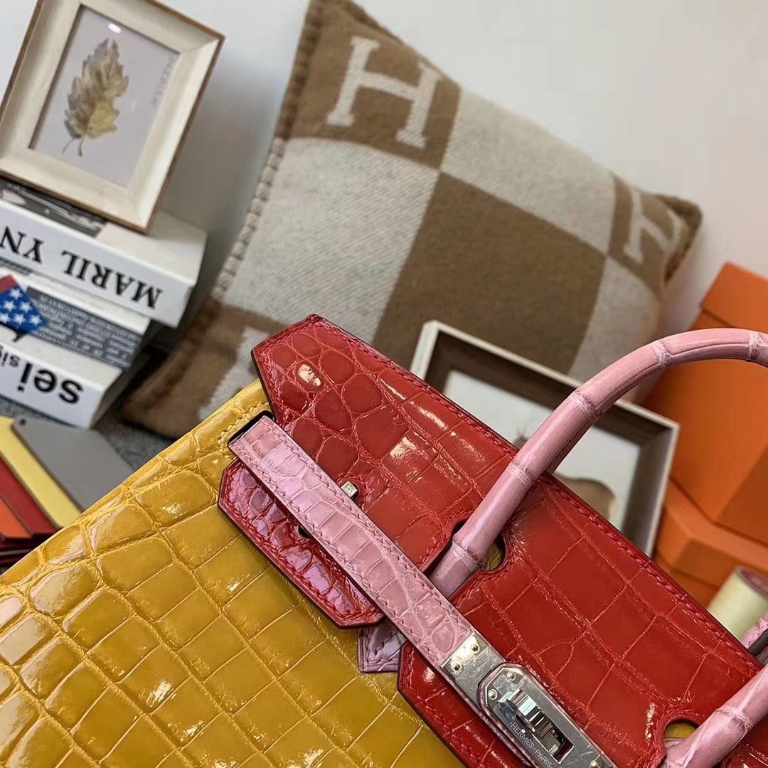 Hermès（爱马仕）三拼色亮面鳄鱼皮 Birkin 25 银扣