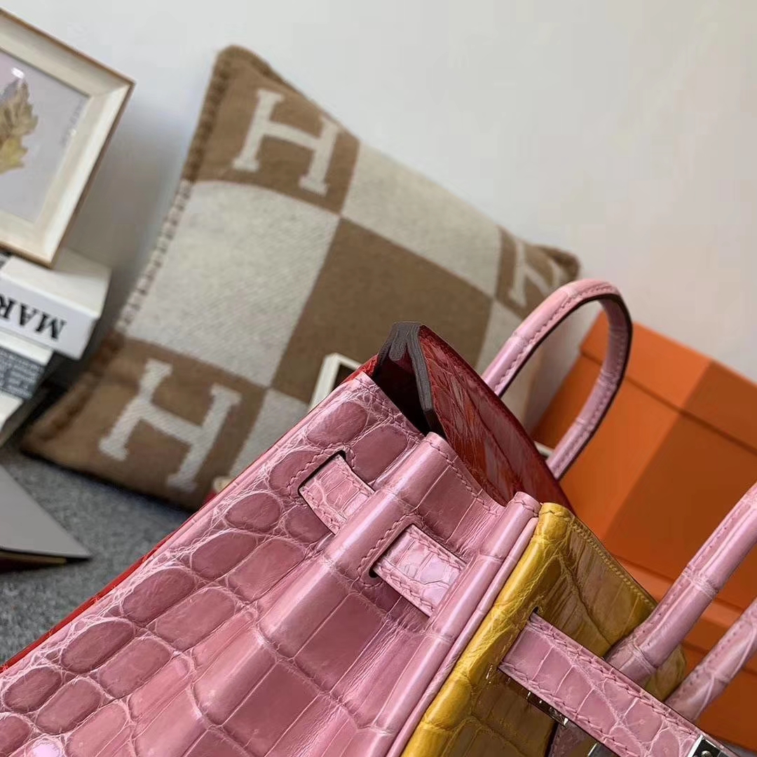 Hermès（爱马仕）三拼色亮面鳄鱼皮 Birkin 25 银扣