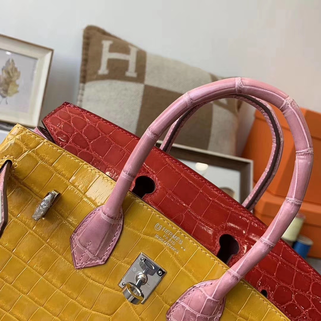 Hermès（爱马仕）三拼色亮面鳄鱼皮 Birkin 25 银扣