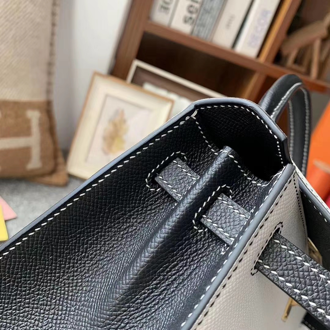 Hermès（爱马仕）纯白色拼黑色 原厂御用顶级Epsom 皮 Kelly 25 外缝 拉丝金扣