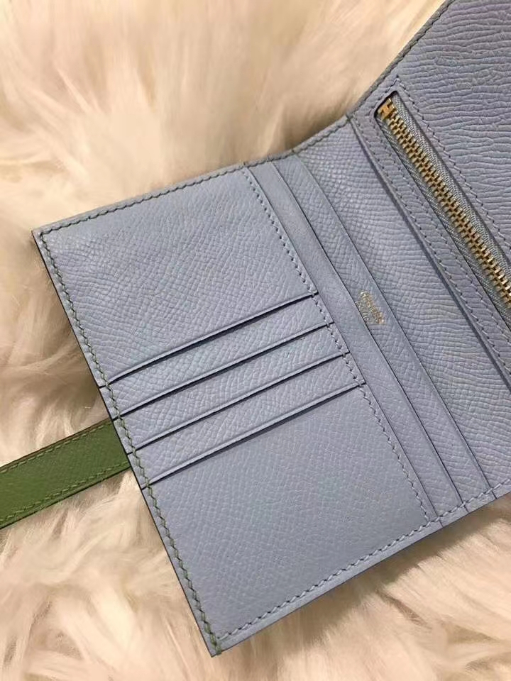 Hermès（爱马仕）bearn短款钱夹 原装等级进口epsom皮 牛油果绿拼雾霾蓝