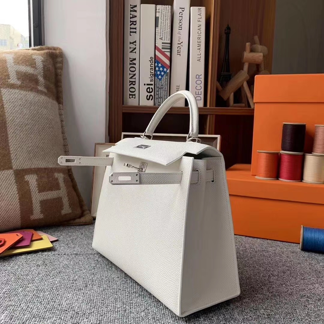 Hermès（爱马仕）纯白色 原厂御用顶级Epsom 皮 Kelly 25 外缝 银扣