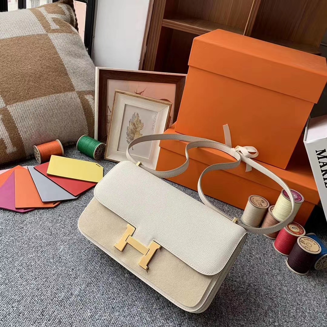 Hermès（爱马仕）constance 空姐包 奶昔白 原厂御用顶级Epsom皮 金扣 26cm