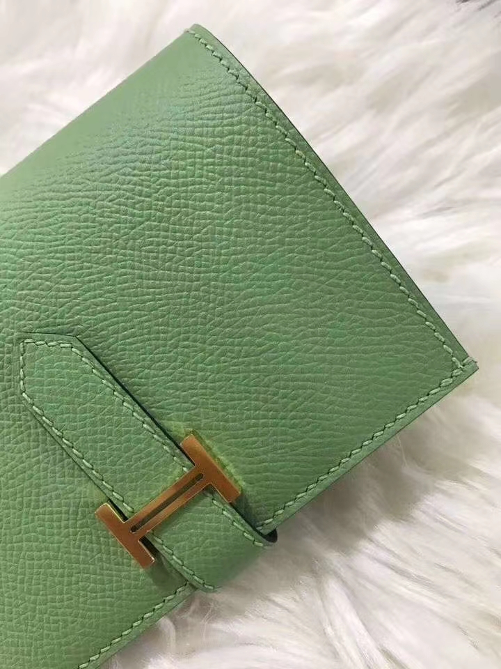 Hermès（爱马仕）bearn短款钱夹 原装等级进口epsom皮 牛油果绿拼雾霾蓝