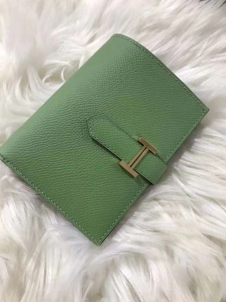 Hermès（爱马仕）bearn短款钱夹 原装等级进口epsom皮 牛油果绿拼雾霾蓝