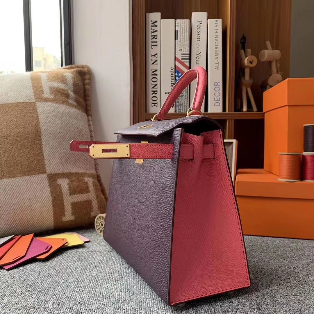 Hermès（爱马仕）葡萄紫拼新唇膏粉 原厂御用顶级Epsom 皮 Kelly 28 外缝 拉丝金扣