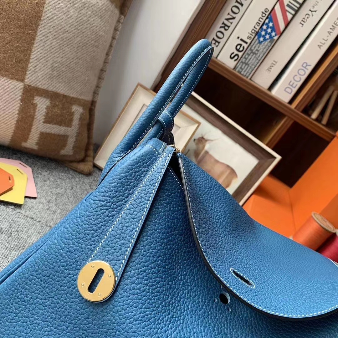 Hermès（爱马仕）牛仔蓝 原厂御用顶级TC 皮 Lindy 30 金扣