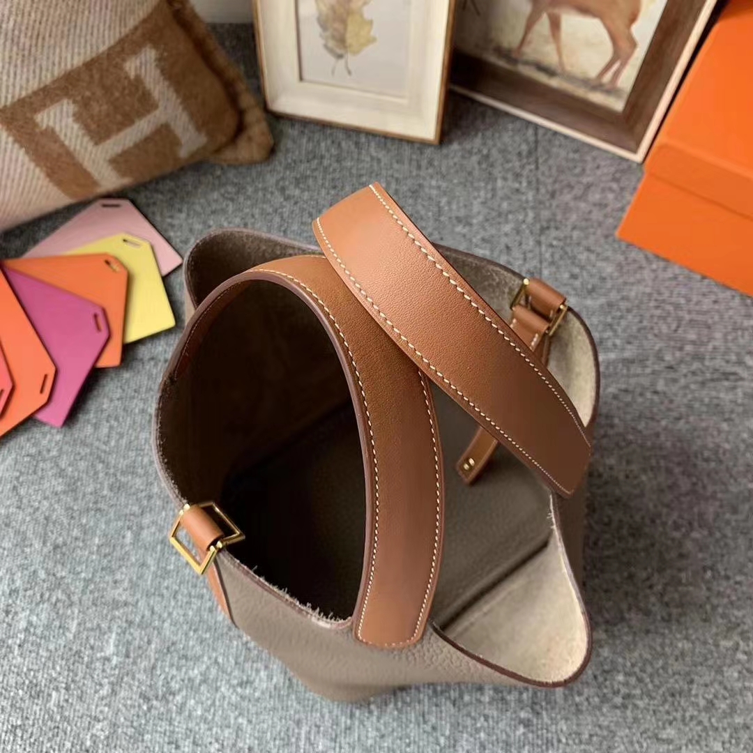 Hermès（爱马仕）CK18大象灰拼金棕色 原厂御用顶级TC皮 Picotin  Lock 18cm 金扣
