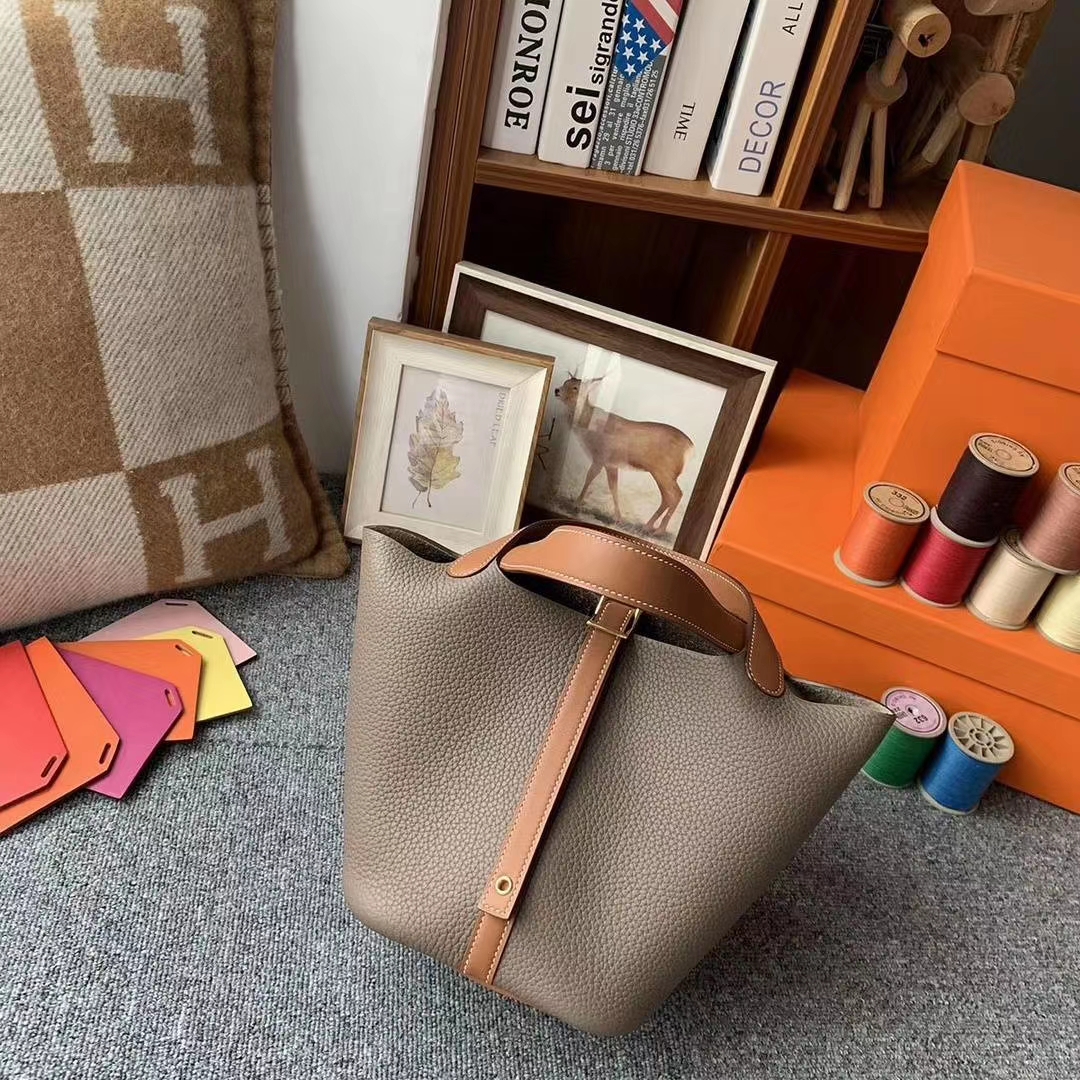 Hermès（爱马仕）CK18大象灰拼金棕色 原厂御用顶级TC皮 Picotin  Lock 18cm 金扣