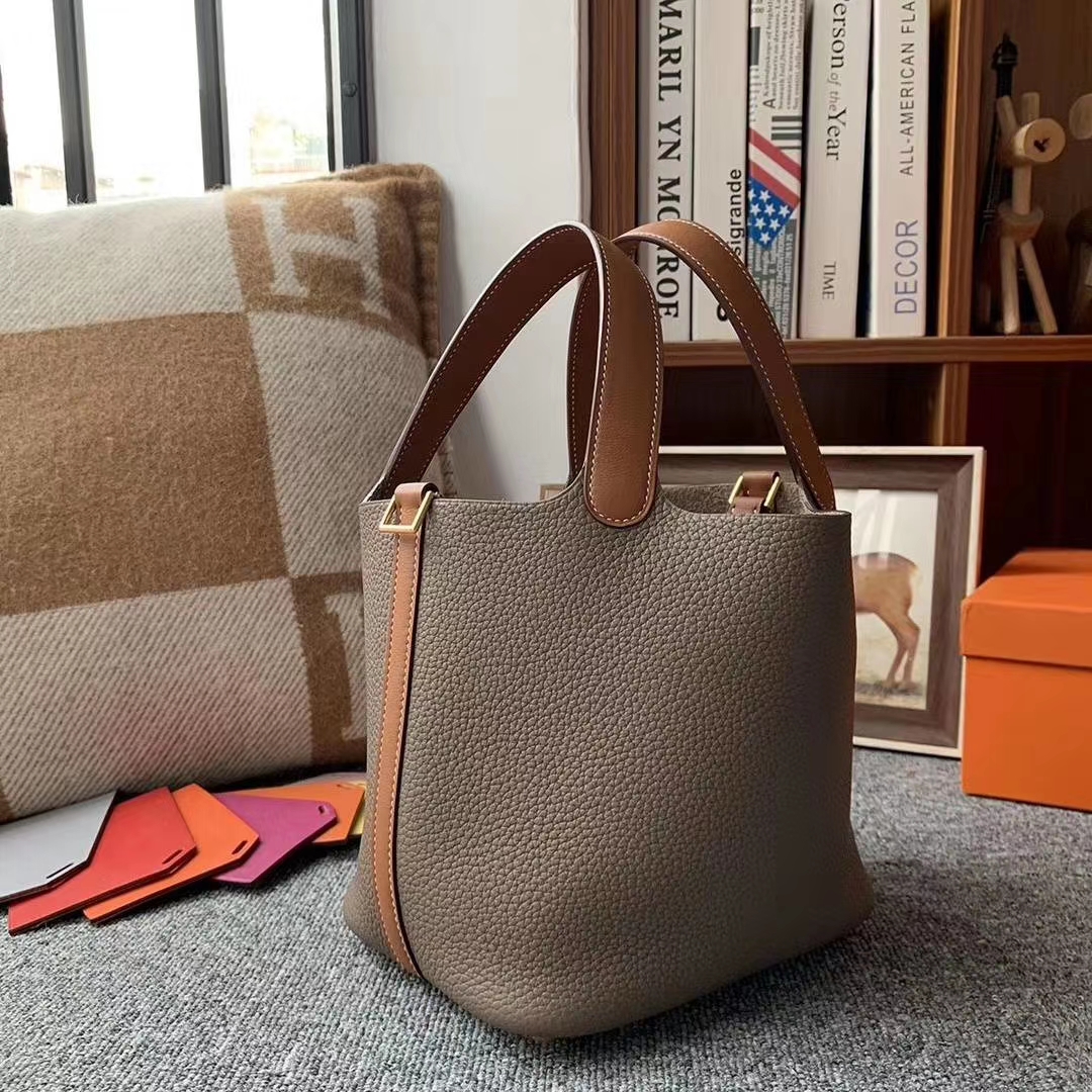Hermès（爱马仕）CK18大象灰拼金棕色 原厂御用顶级TC皮 Picotin  Lock 18cm 金扣