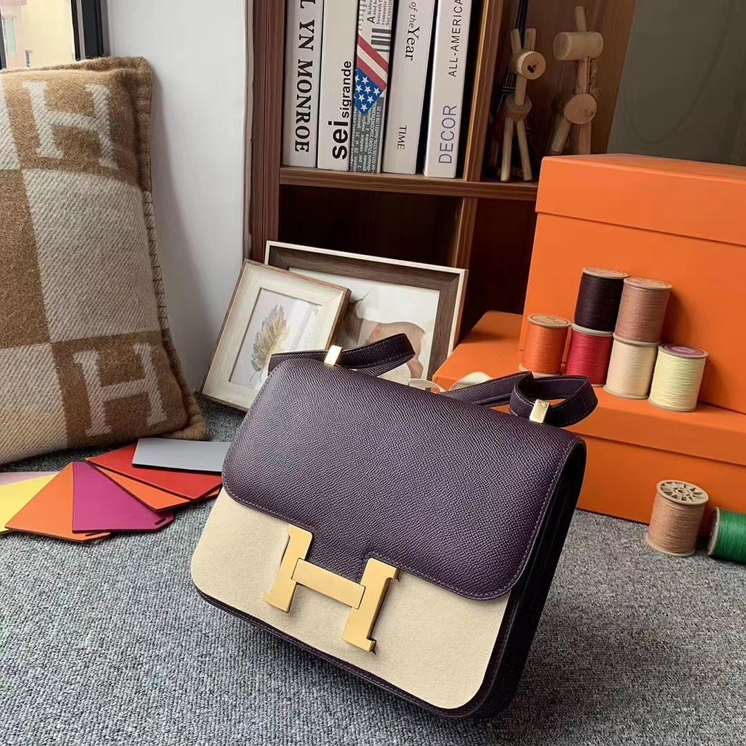 Hermès（爱马仕）葡萄紫 原厂御用顶级Epsom 皮 Constance 24 金扣