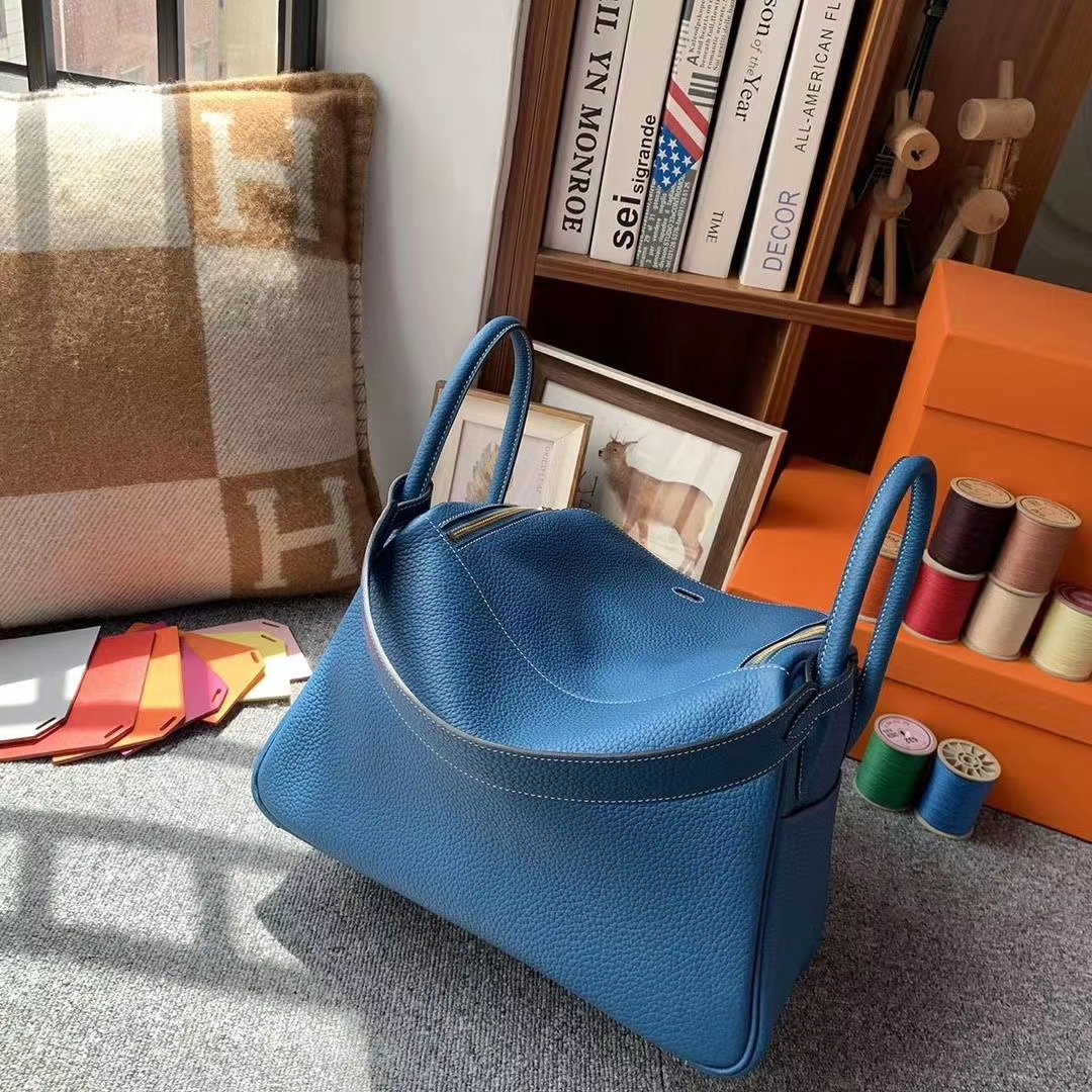 Hermès（爱马仕）牛仔蓝 原厂御用顶级TC 皮 Lindy 30 金扣