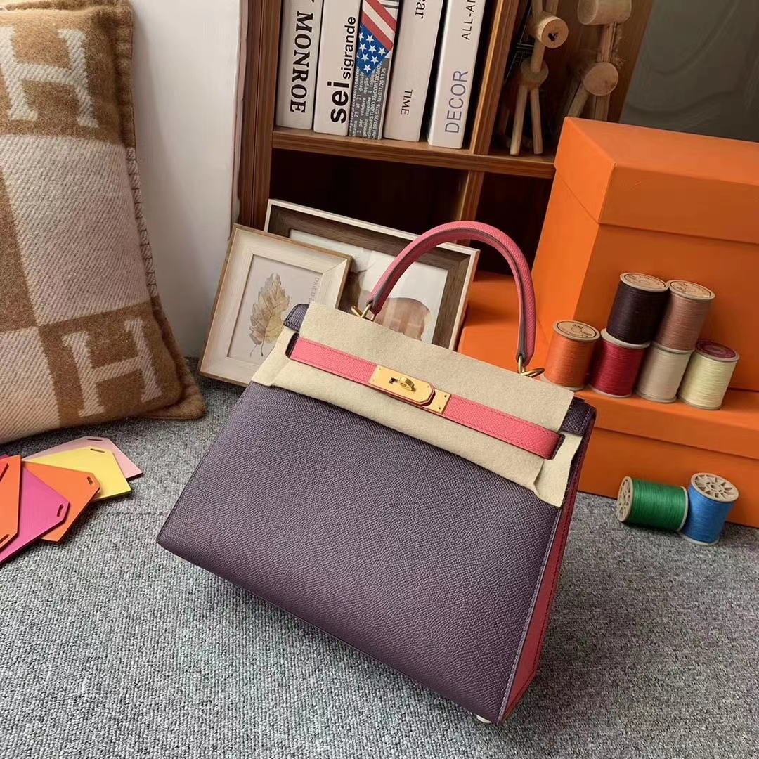 Hermès（爱马仕）葡萄紫拼新唇膏粉 原厂御用顶级Epsom 皮 Kelly 28 外缝 拉丝金扣